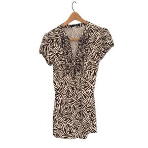 Y2k Maurices black beige zebra print blouse with ruffles size S